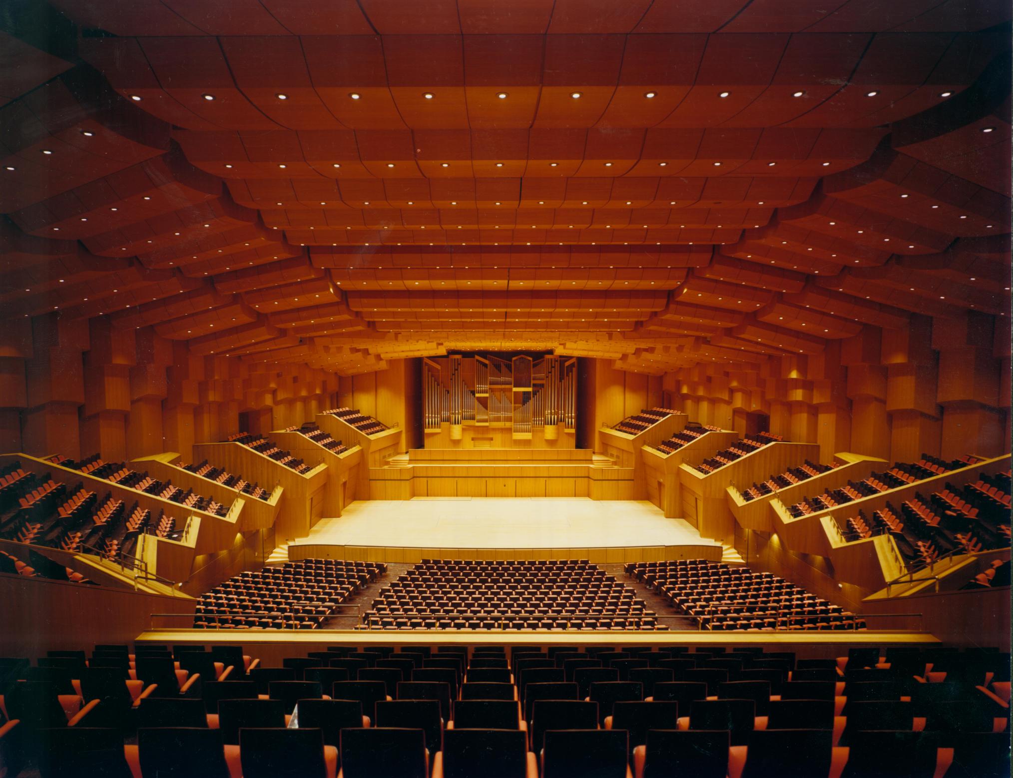 This photo demonstrates the main music hall of the Athens Concert Hall, also known as Megaro mousikis (Greek: Μεγαρο μουσικής)